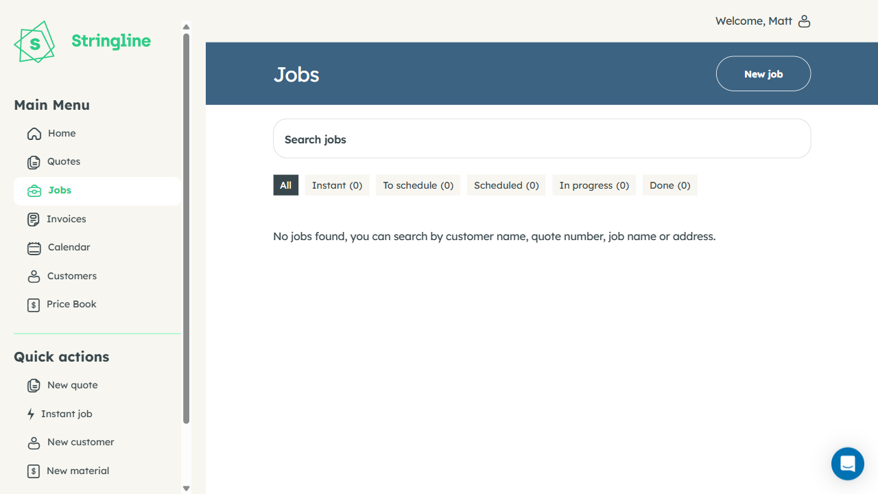 Stringline Job Detail — on-site notes and photo attachments