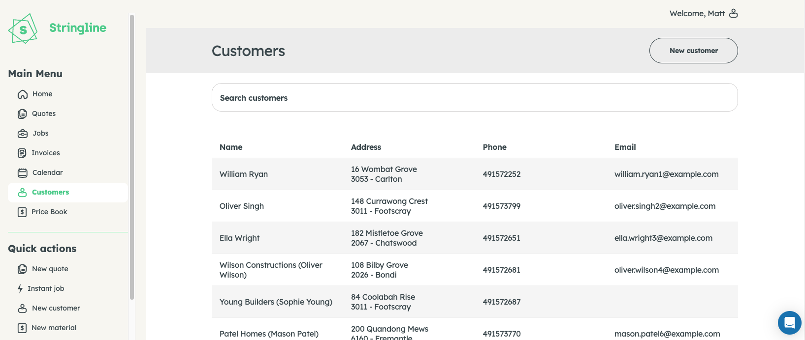Stringline Customers — full customer list with search and contact details