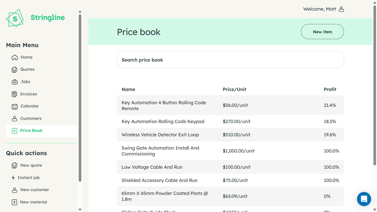 Stringline Price Book — saved items with wholesale cost, retail price, and margin