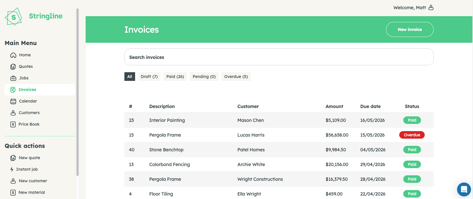 Stringline Invoices — invoice list with amounts, due dates, and payment status