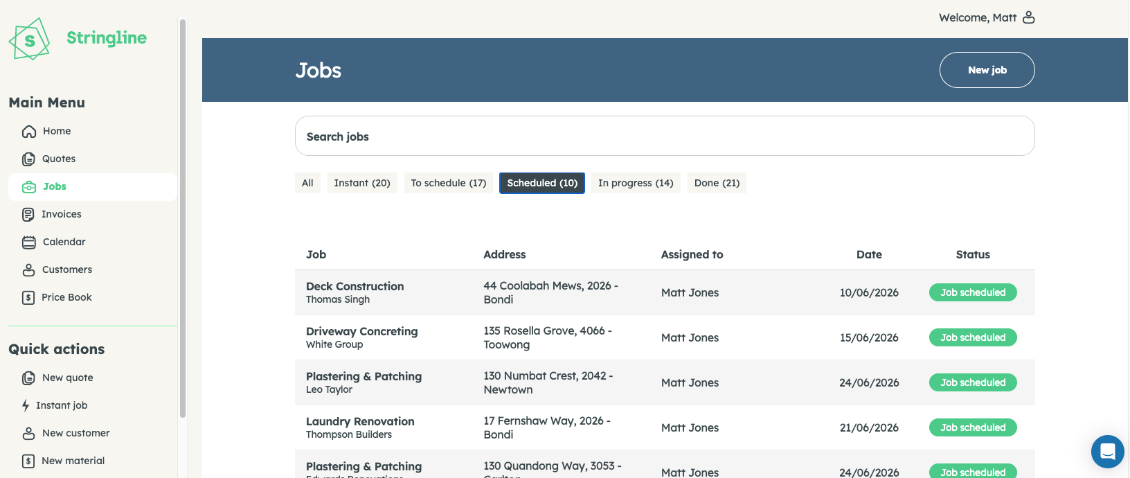 Stringline Jobs — complete job list with status badges, customer, and revenue