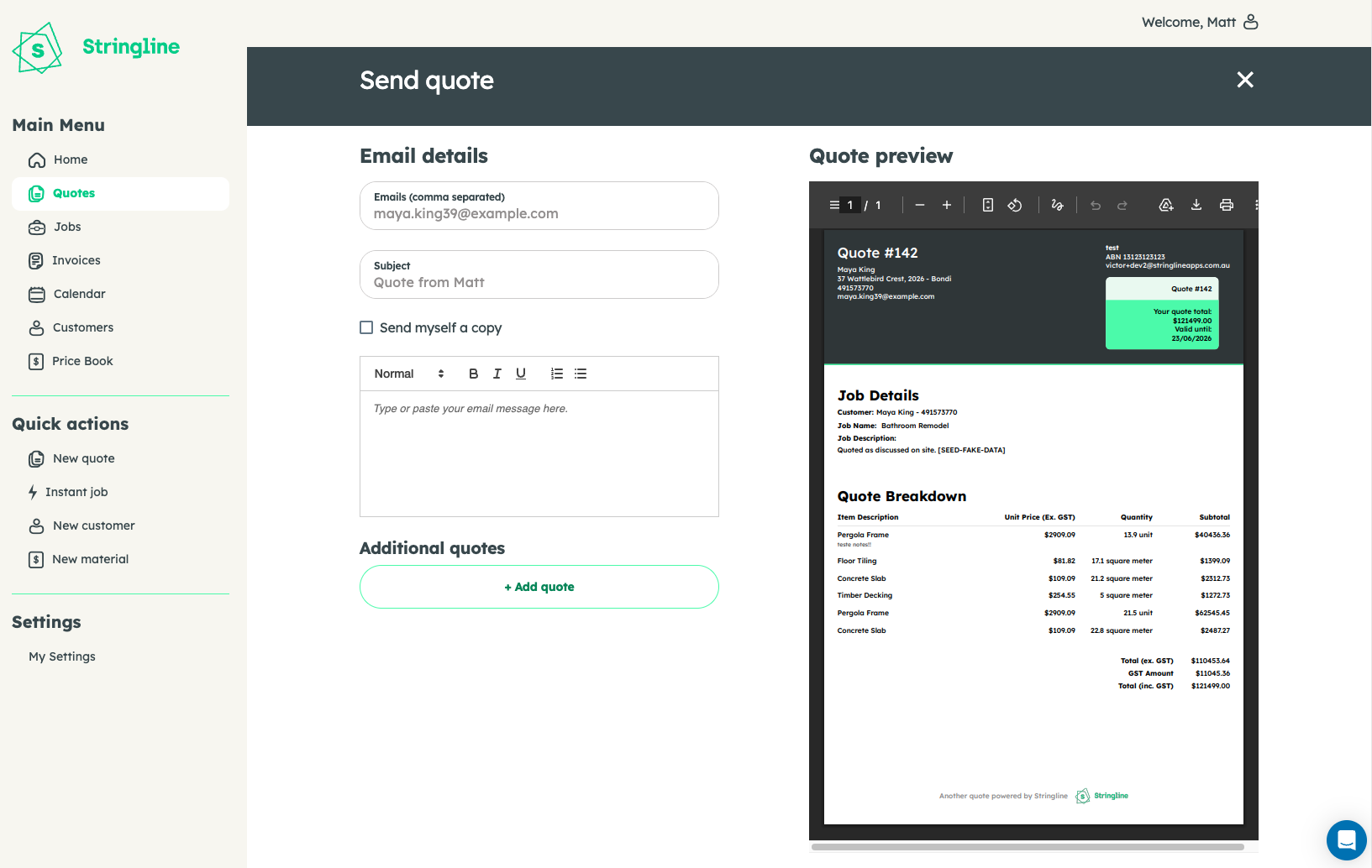 Stringline — send a branded quote by email with a live PDF preview